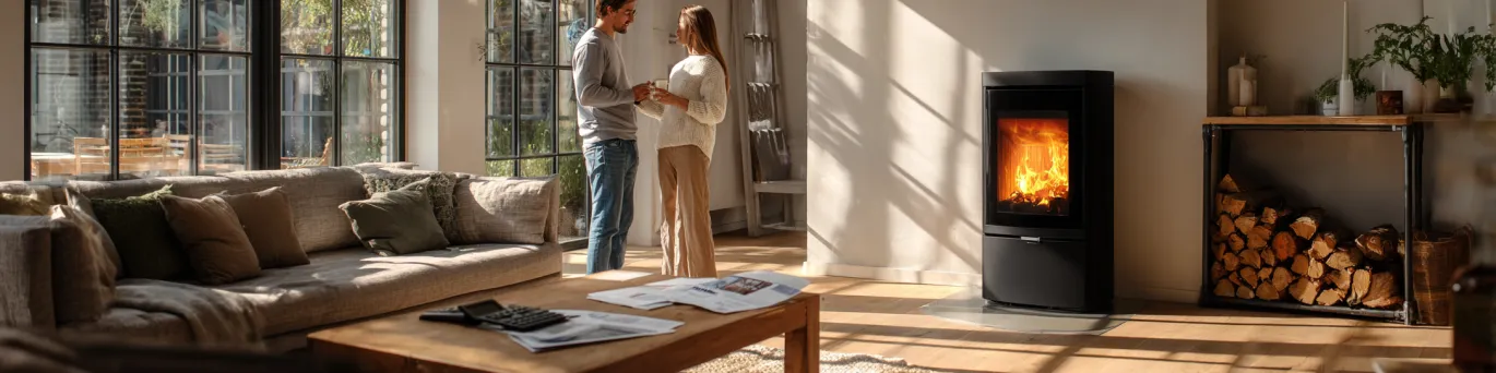 Poêle à bois moderne installé dans un salon avec documents de demande de subvention 2026