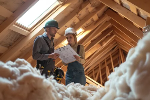 Artisan qualifié installant de la laine isolante dans des combles aménageables d'une habitation