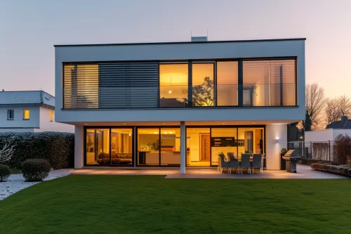 Volets isolants blancs fermés réduisant les déperditions thermiques d'une habitation moderne