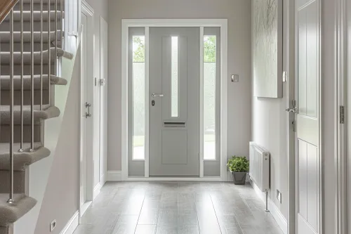 Porte d'entrée moderne avec joints d'étanchéité et vitrage double pour isolation thermique optimale