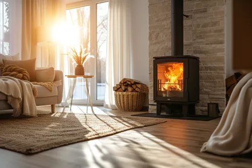 Poêles, chaudières et inserts à bûches et granulés exposés dans un showroom spécialisé