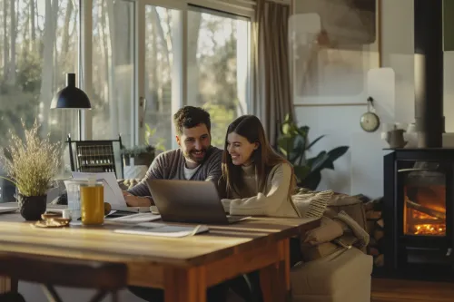 Poêle à granulés moderne installé dans un salon avec documents d'aides financières