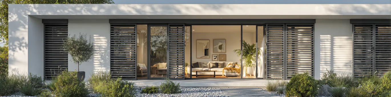 Volets roulants solaires installés sur façade de maison moderne pour économies d'énergie